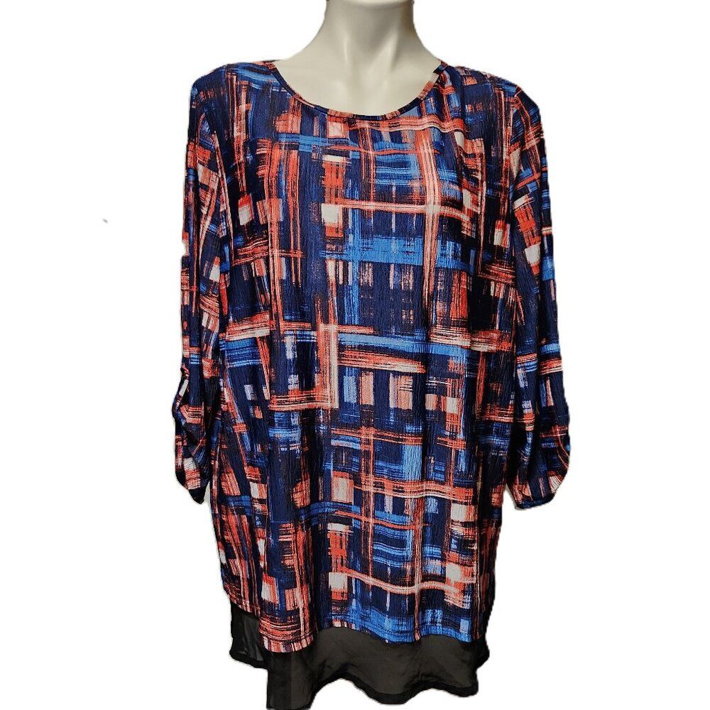 Kim Rogers top Women's 2X red white blue black geometric artsy Sheer